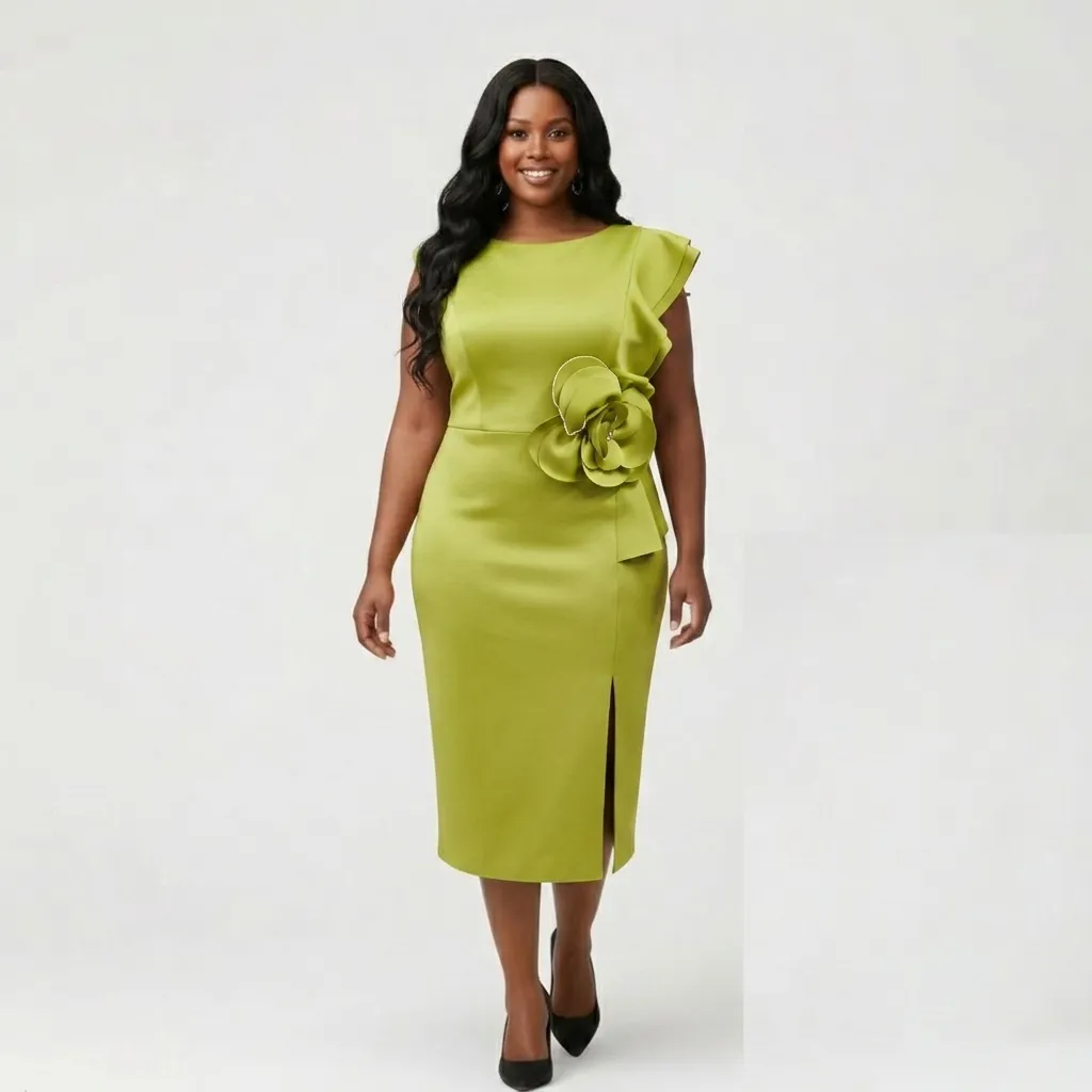 Light Green Midi Sheath Dress with One‑Shoulder Ruffle & Floral Detail