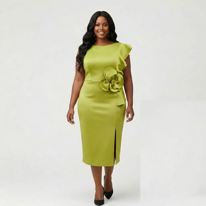 Light Green Midi Sheath Dress with One‑Shoulder Ruffle & Floral Detail