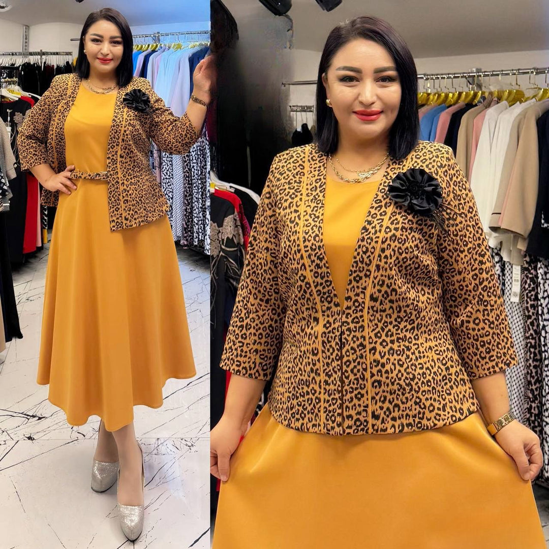 Mustard Midi Dress with Leopard Print Jacket