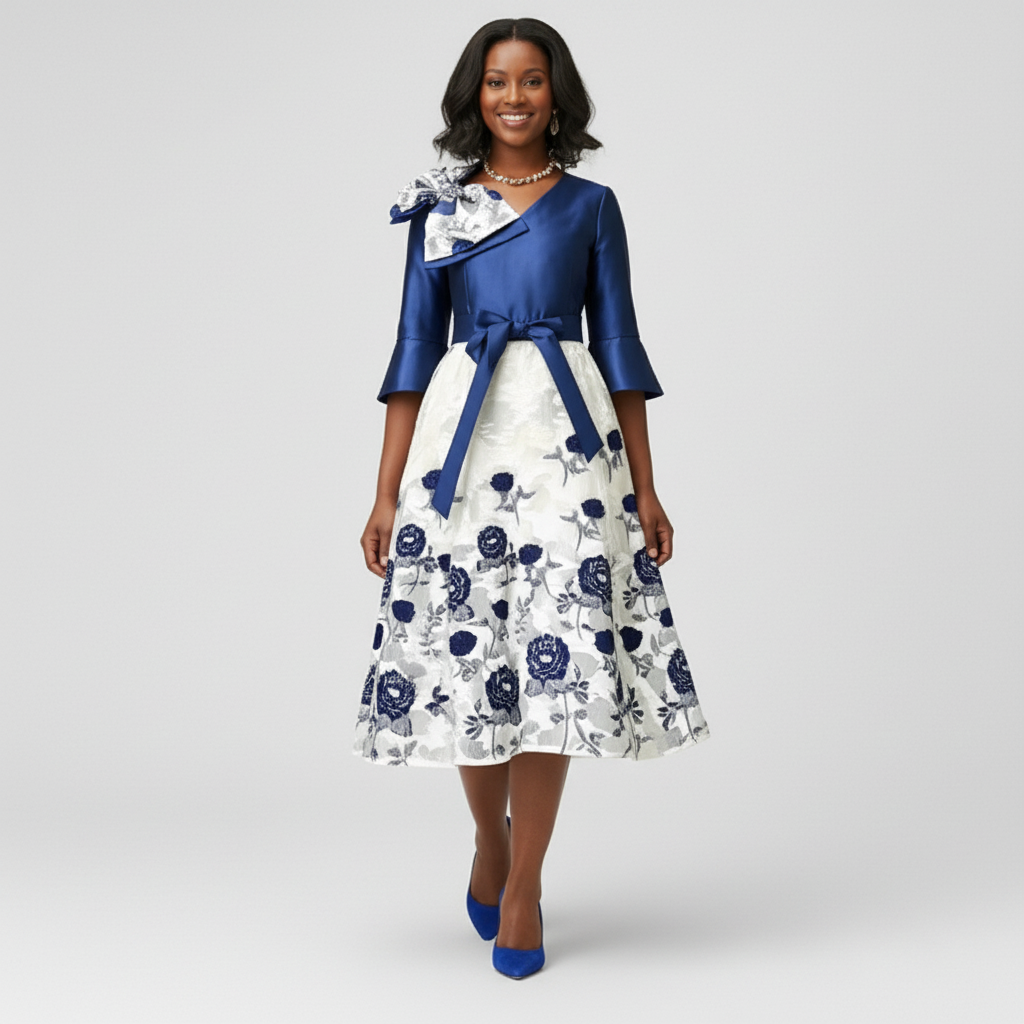 Navy and ivory fit-and-flare embroidered dress set