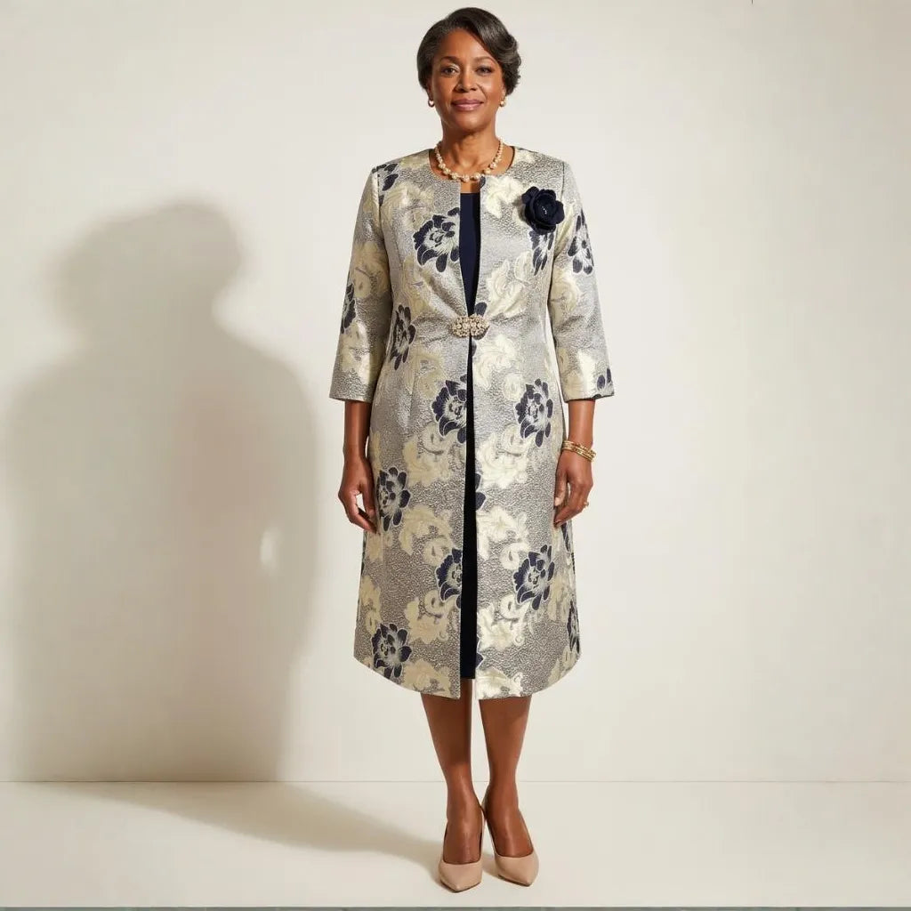 Navy & Gold Brocade Midi Coat‑Dress Set