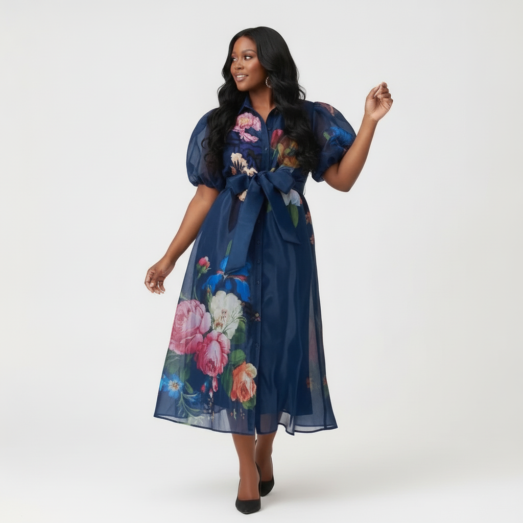Navy Floral Organza Midi Dress with Self‑Tie Bow Waist