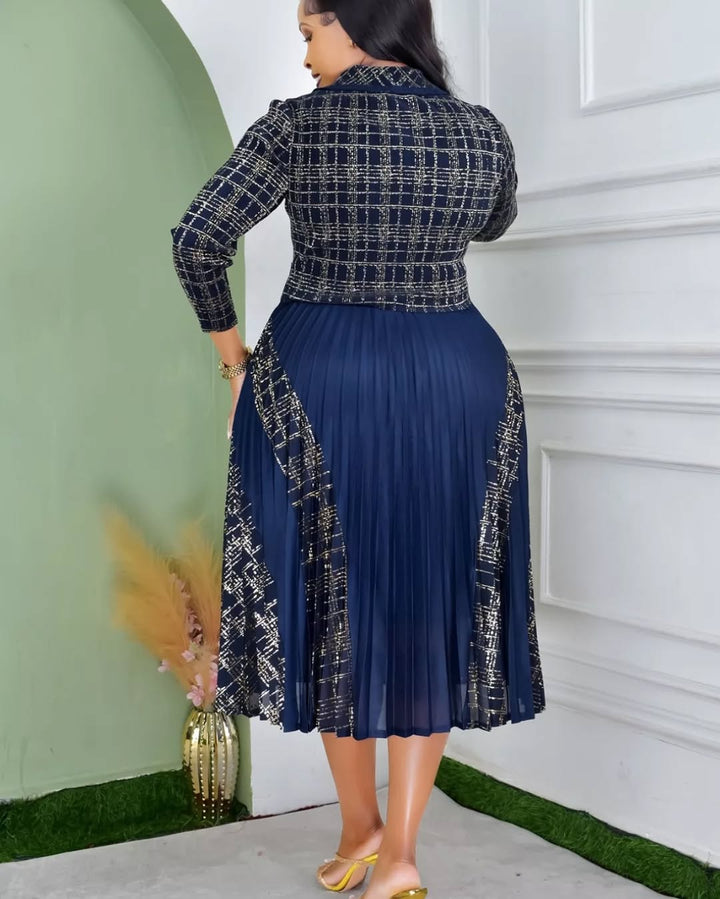 Navy & Gold Crinkle Pleated Midi Dress