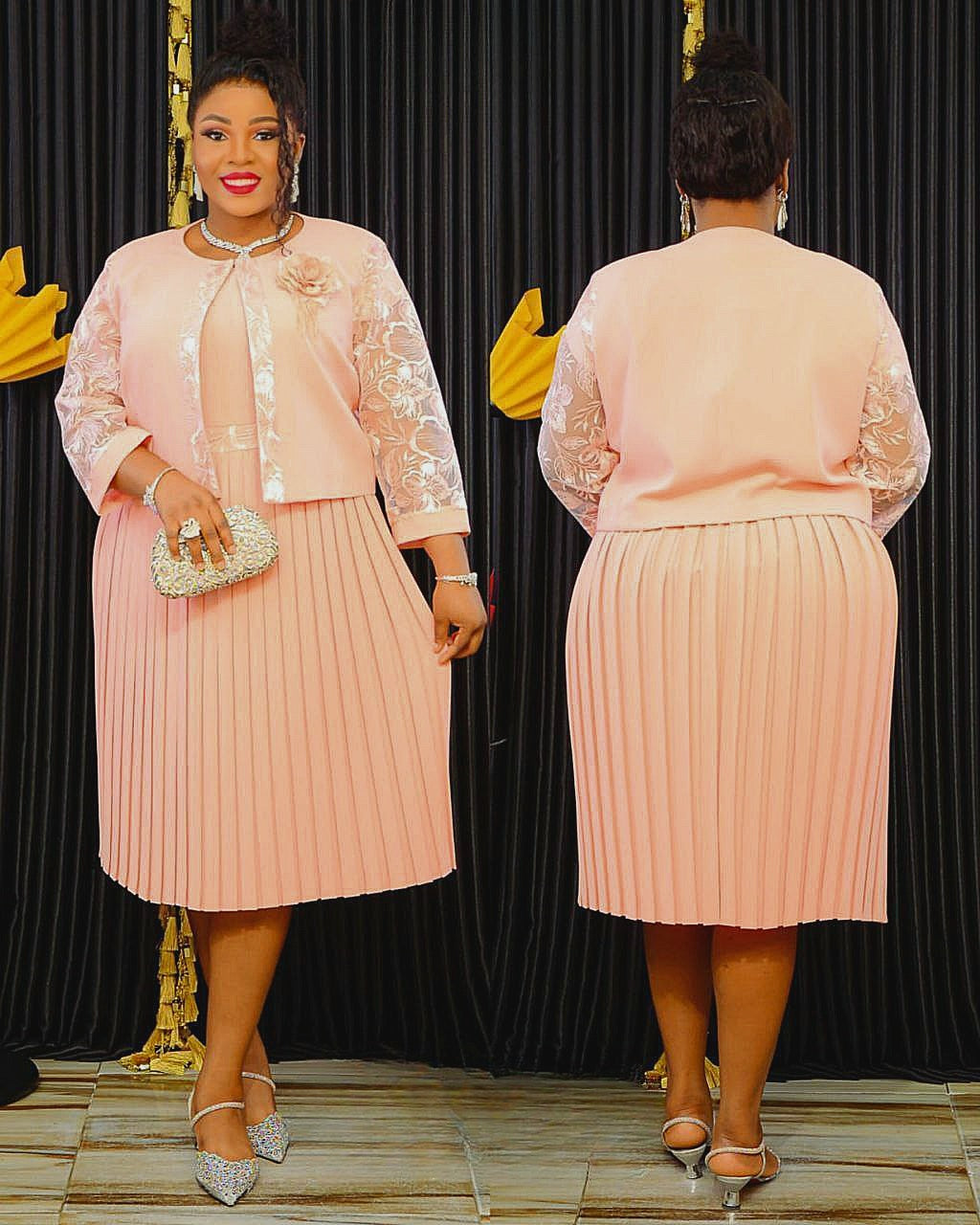 Peach Pleated Midi Dress with Lace Jacket