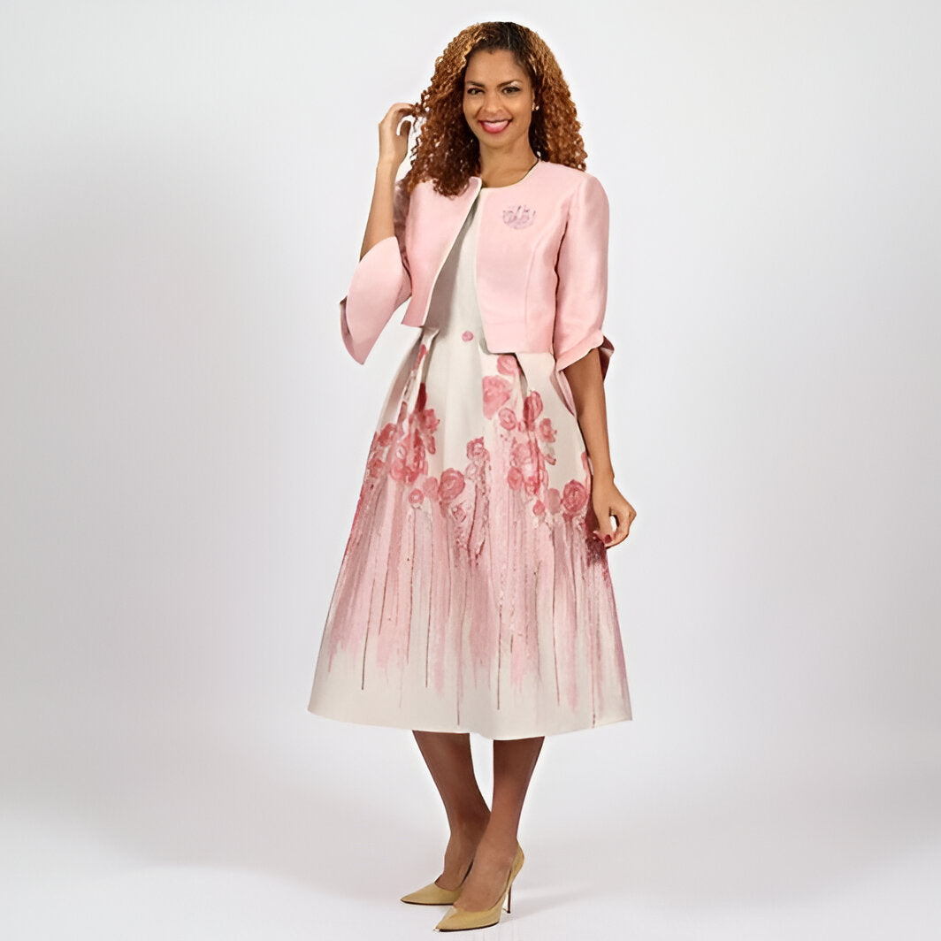 Blush Pink & Rose Floral Box Pleat Midi Dress with Jacket