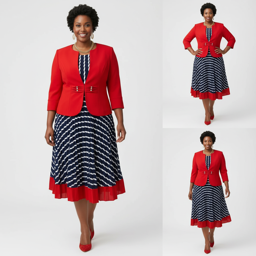 Navy Patterned Dress with Red Blazer