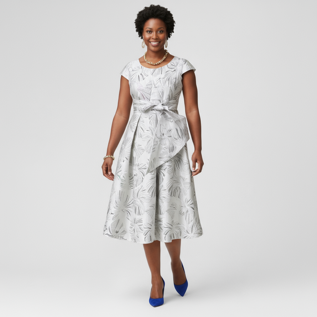 Silver Brocade Fit & Flare Midi Dress