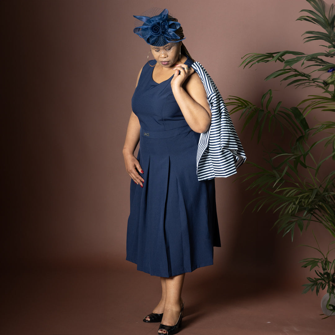 Striped Navy Dress and Jacket Set with Box Pleats