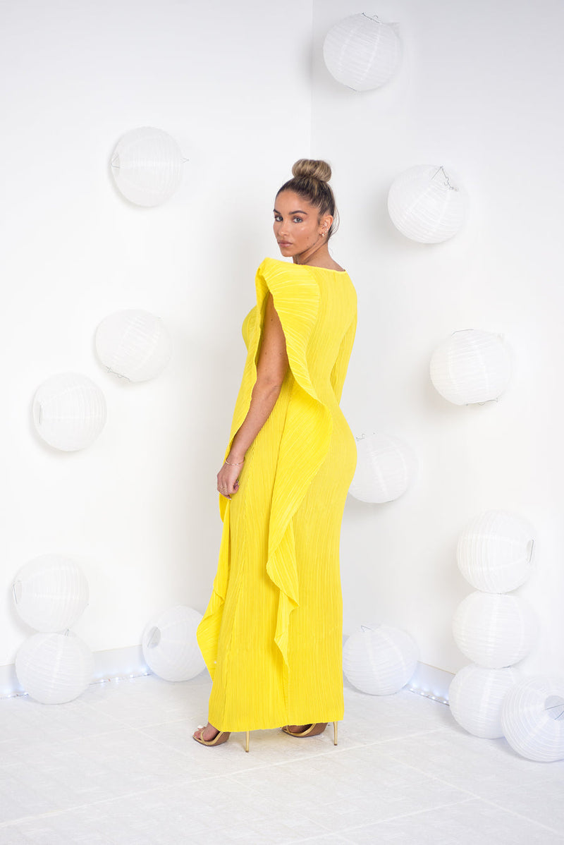 Yellow Maxi Dress with One Sided Ruffle Sleeve