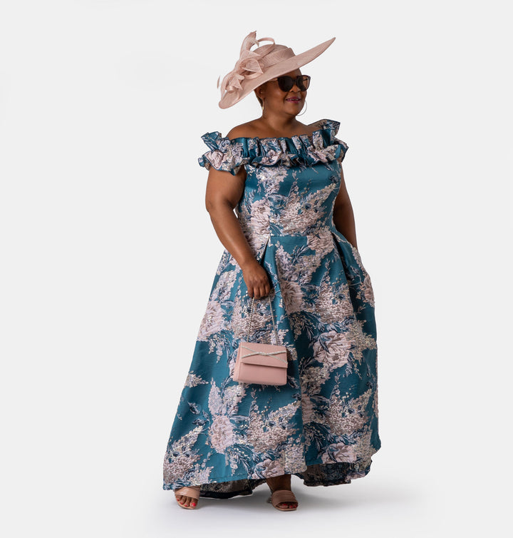 Teal Off-Shoulder Brocade Dress with Ruffle Neckline