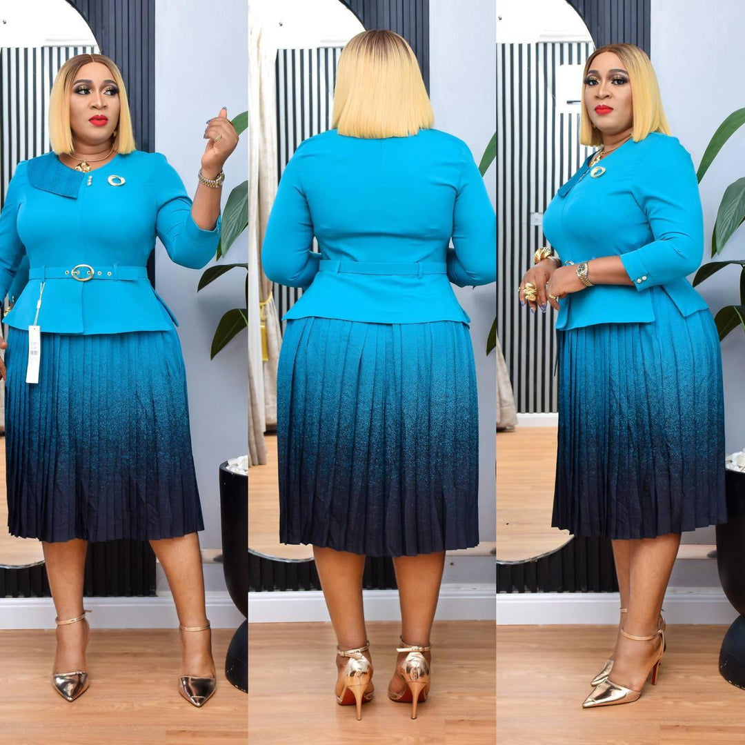 Turquoise Peplum Pleated Dress with Gradient Print