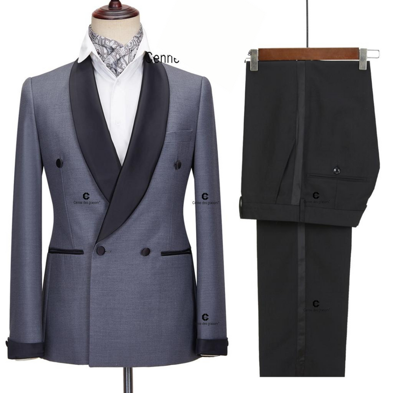 Dark Grey Double Breasted Suit with Black Lapels