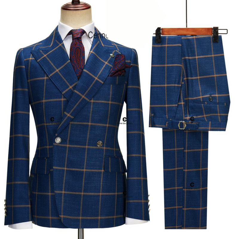 Navy and Tan Checked Suit for Men