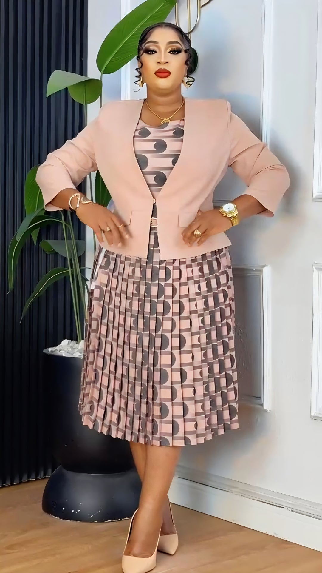 Plus Size Blush Pink Blazer & Pleated Dress Set