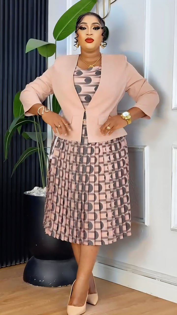 Plus Size Blush Pink Blazer & Pleated Dress Set