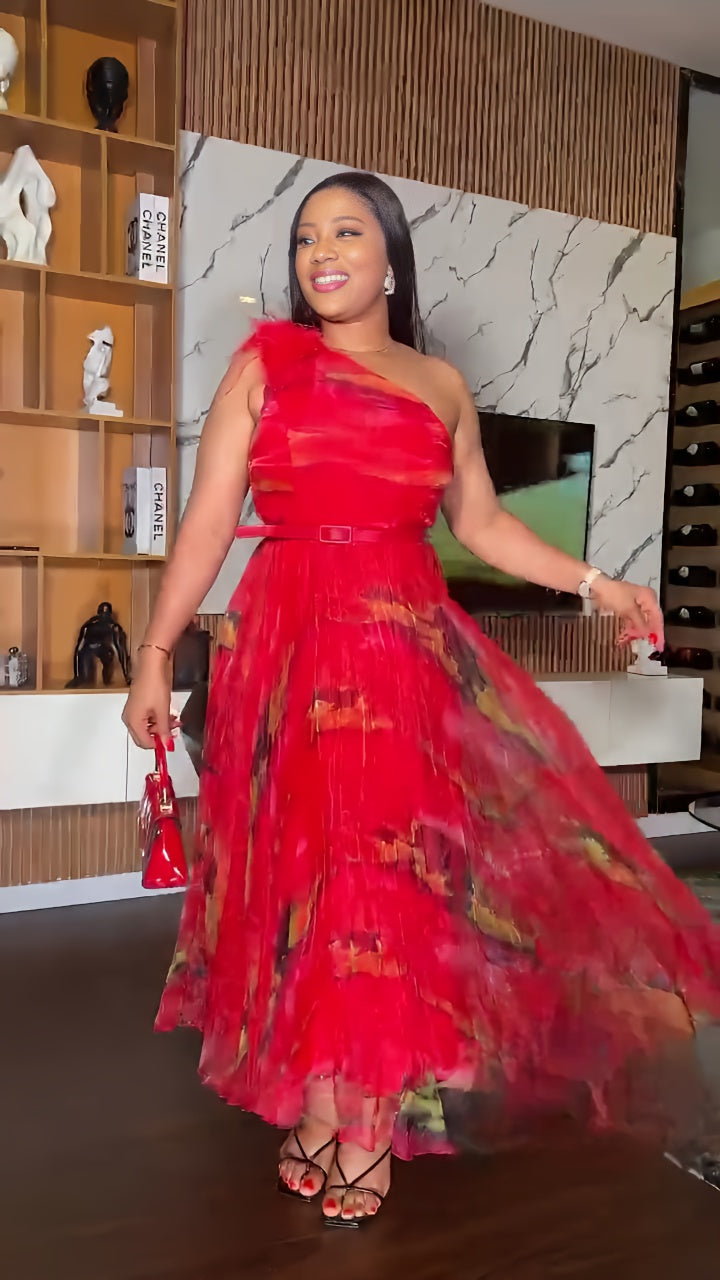 Elegant One-Shoulder Red Pleated Dress with Feather Detail