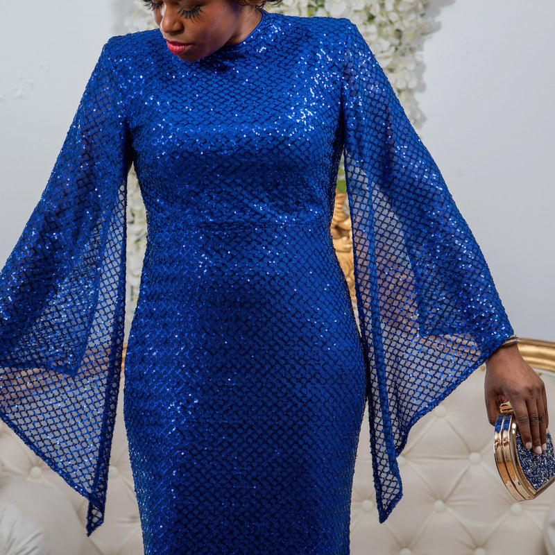 Royal Blue Sequined Figure-hugging dress with cape sleeves
