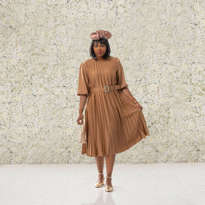 Elegant Gold Pleated Dress with Lace and Rhinestone Belt