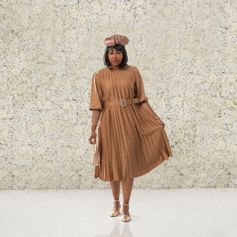 Elegant Gold Pleated Dress with Lace and Rhinestone Belt