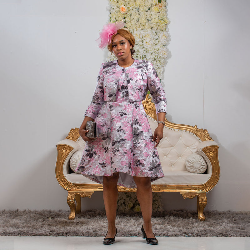 Exquisite Pink Floral Jacquard Dress and Jacket Set | Perfect for Weddings