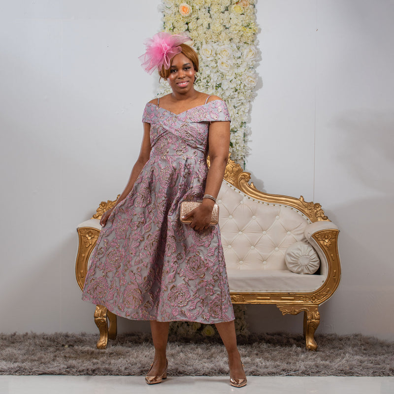 Pink Off Shoulder Jacquard Fit and Flare Dress