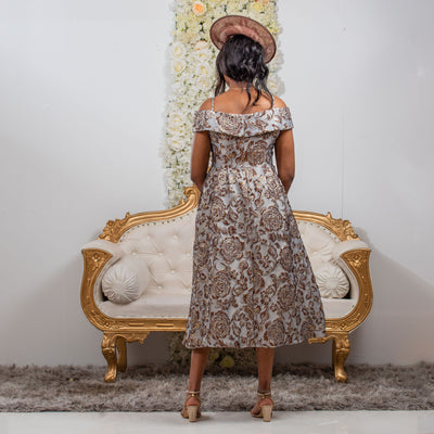 Stunning Brown Off Shoulder Jacquard Fit and Flare Dress