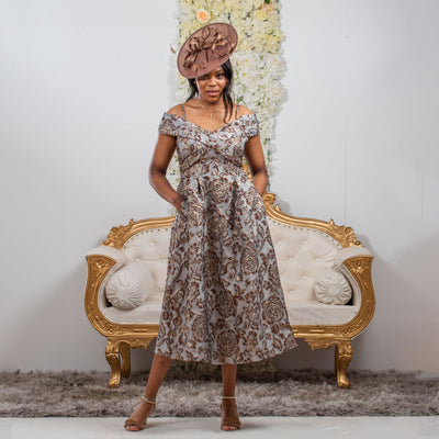 Stunning Brown Off Shoulder Jacquard Fit and Flare Dress