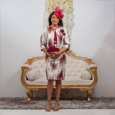 Burgundy Dress and Jacket for Wedding with White and Gold Details