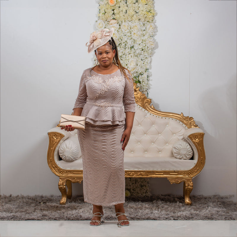Elegant Nude Long Peplum Skirt Suit | Perfect for Weddings and Events