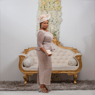 Elegant Nude Long Peplum Skirt Suit | Perfect for Weddings and Events