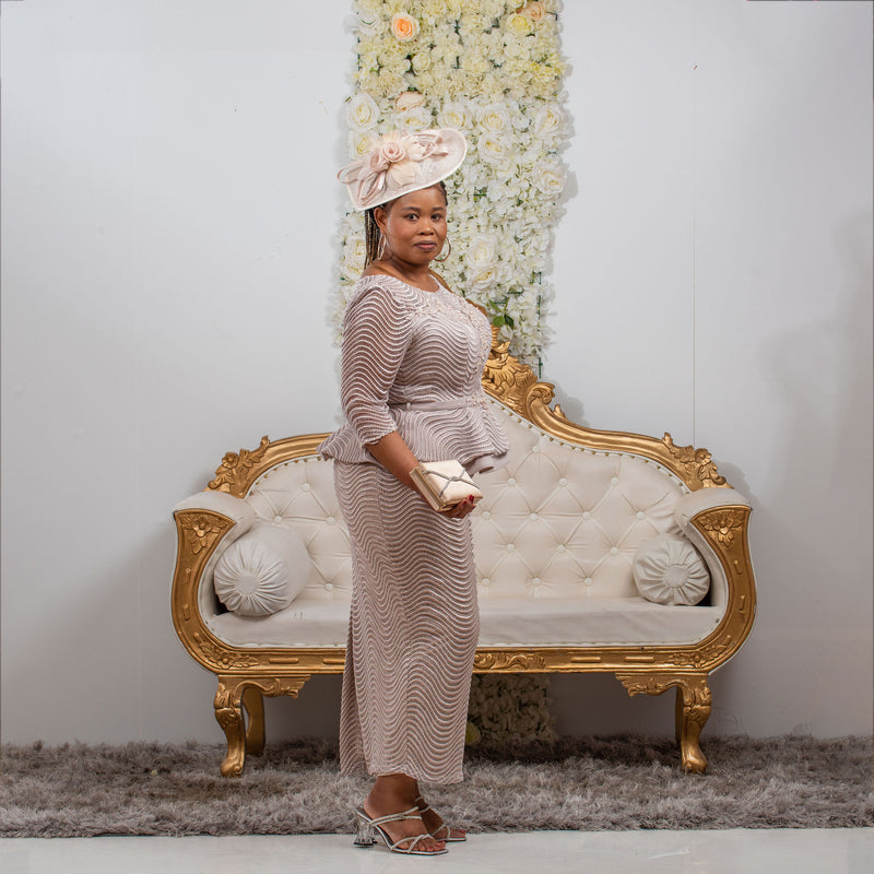 Elegant Nude Long Peplum Skirt Suit | Perfect for Weddings and Events