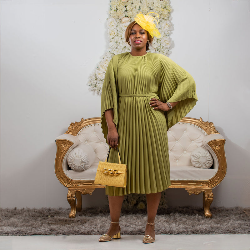 Regal Pleated Occasion Dress with Belt