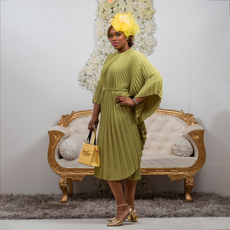 Regal Pleated Occasion Dress with Belt