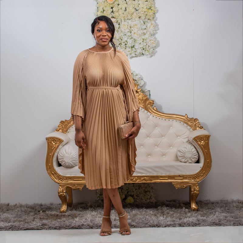 Regal Pleated Occasion Dress with Belt