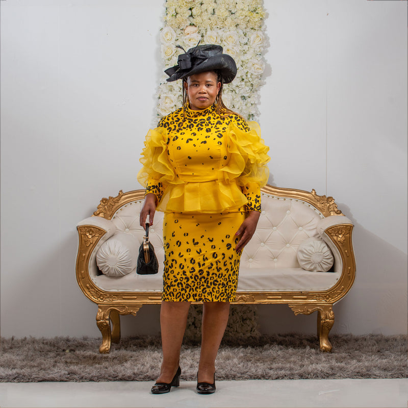 Elegant Yellow Skirt Suit with Black Beaded Diamante and Ruffle Sleeves