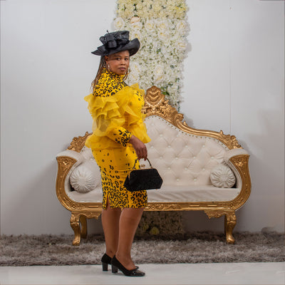 Elegant Yellow Skirt Suit with Black Beaded Diamante and Ruffle Sleeves