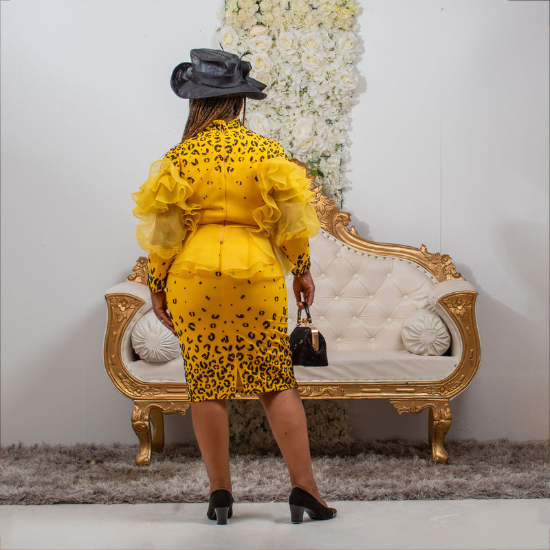 Elegant Yellow Skirt Suit with Black Beaded Diamante and Ruffle Sleeves