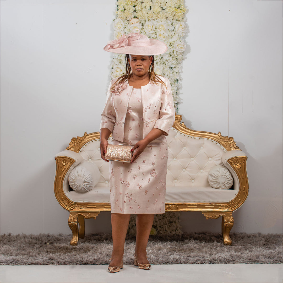 Elegant Pink Jacquard Dress and Jacket for Wedding
