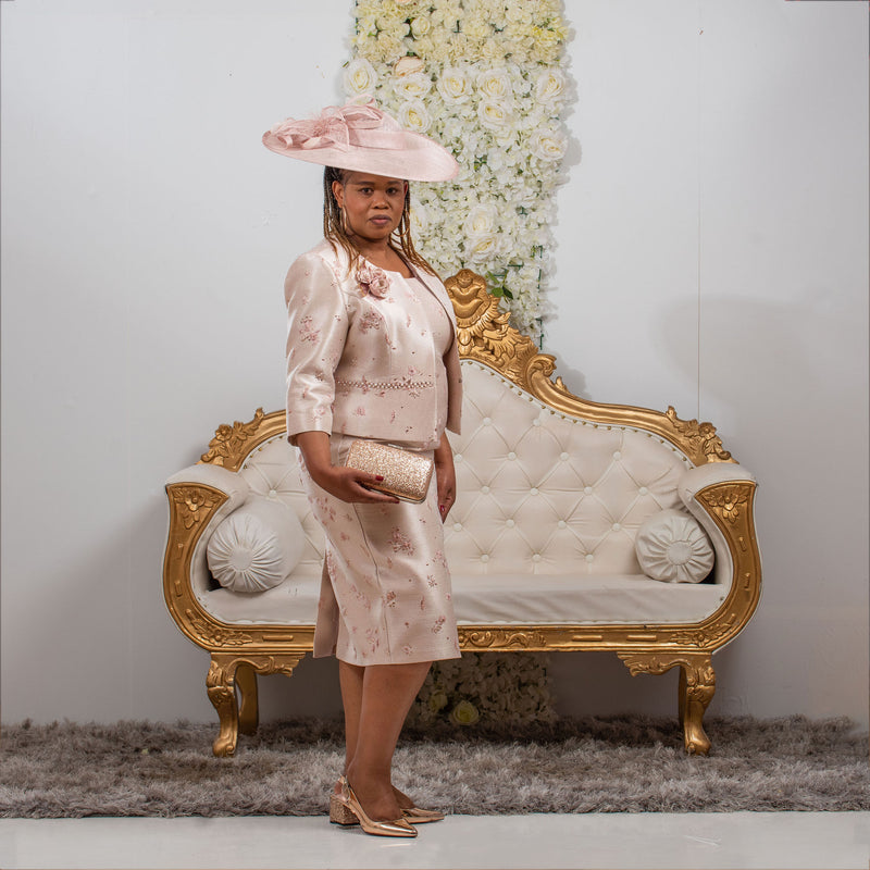 Elegant Pink Jacquard Dress and Jacket for Wedding