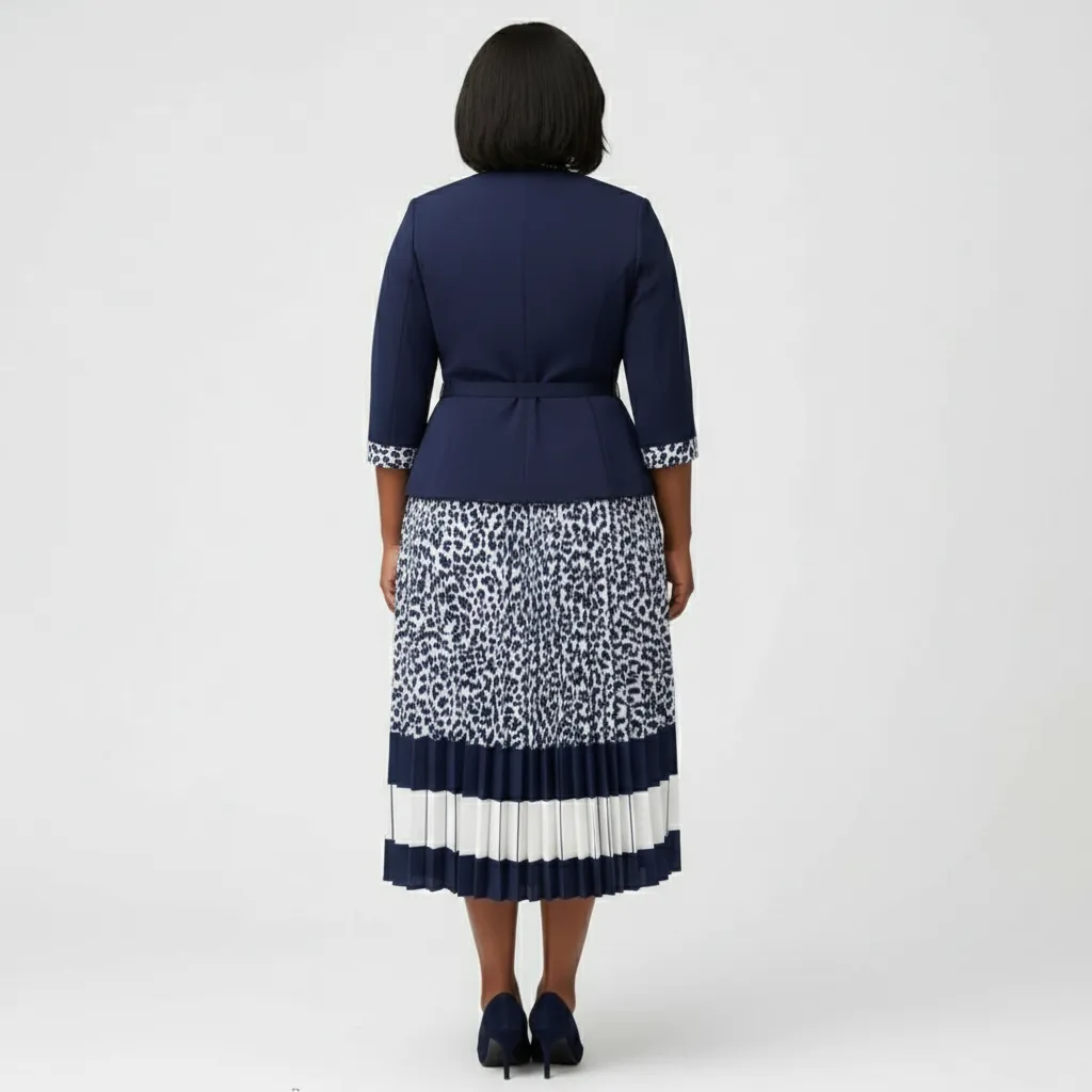 Navy & Leopard Print Pleated One‑Piece Dress