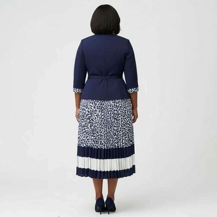 Navy & Leopard Print Pleated One‑Piece Dress