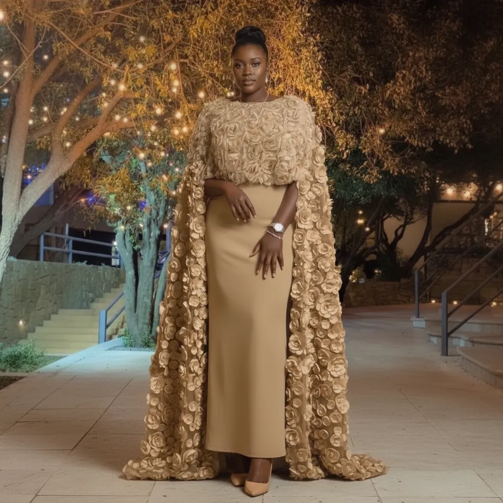 Tan Couture Rose‑Cape Evening Gown