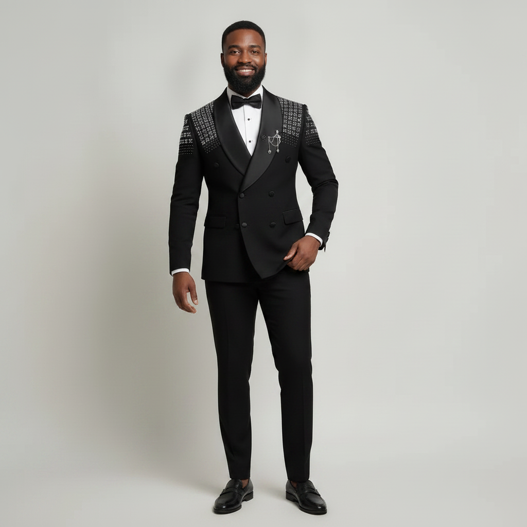 Black Patterned Double‑Breasted Tuxedo | Men’s Eveningwear UK