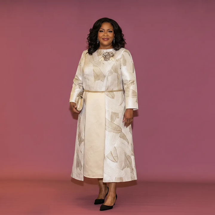 Champagne Midi Dress with Patterned Overskirt &amp; Floral Shoulder Detail