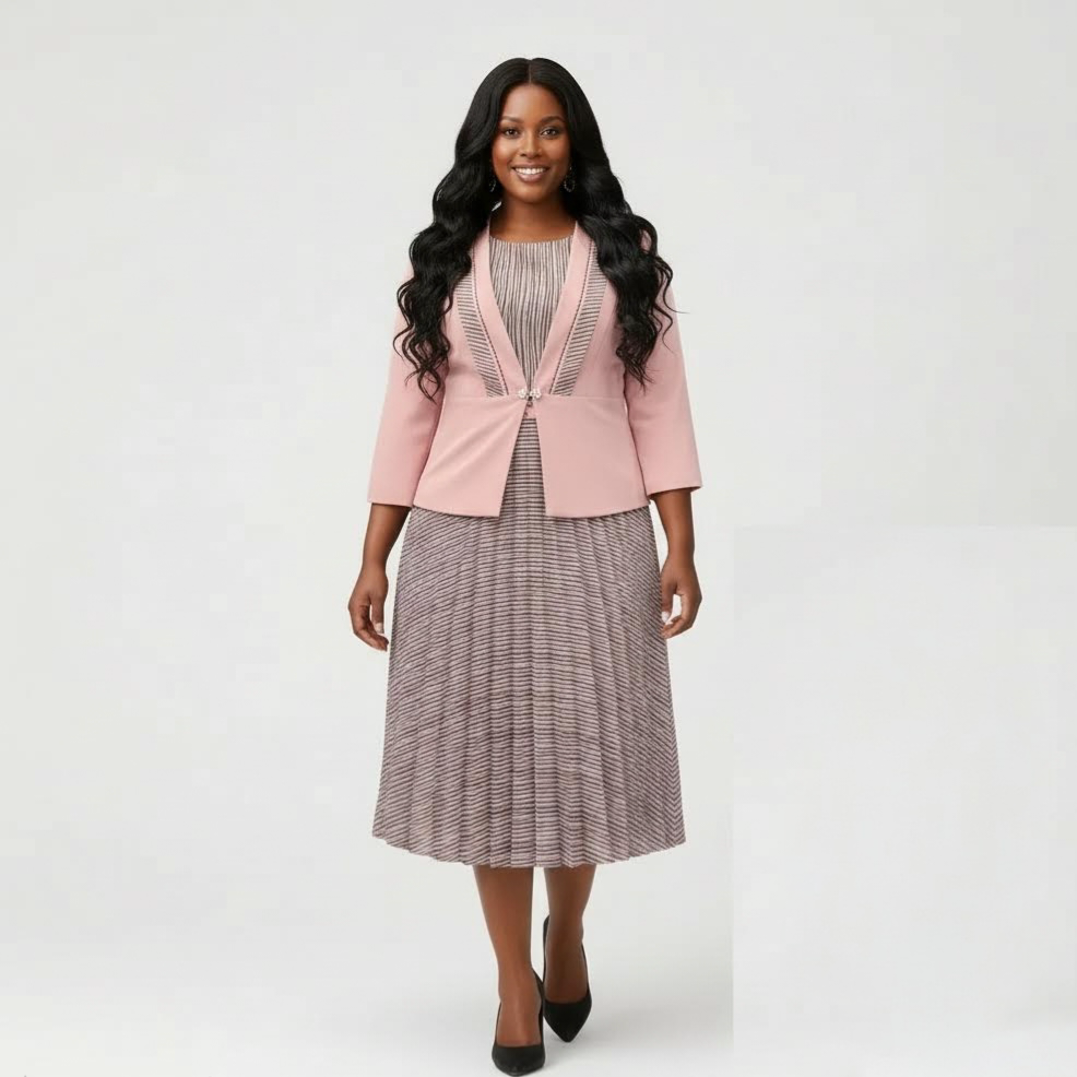 Pink Striped Pleated Dress & Jacket Set