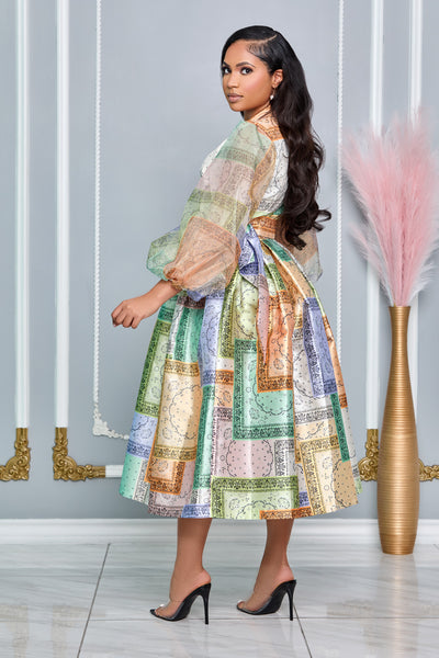 Multi colored Bandana Patch Print Sheer Sleeve Dress