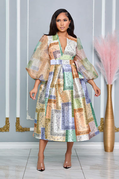 Multi colored Bandana Patch Print Sheer Sleeve Dress