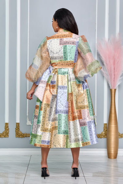 Multi colored Bandana Patch Print Sheer Sleeve Dress