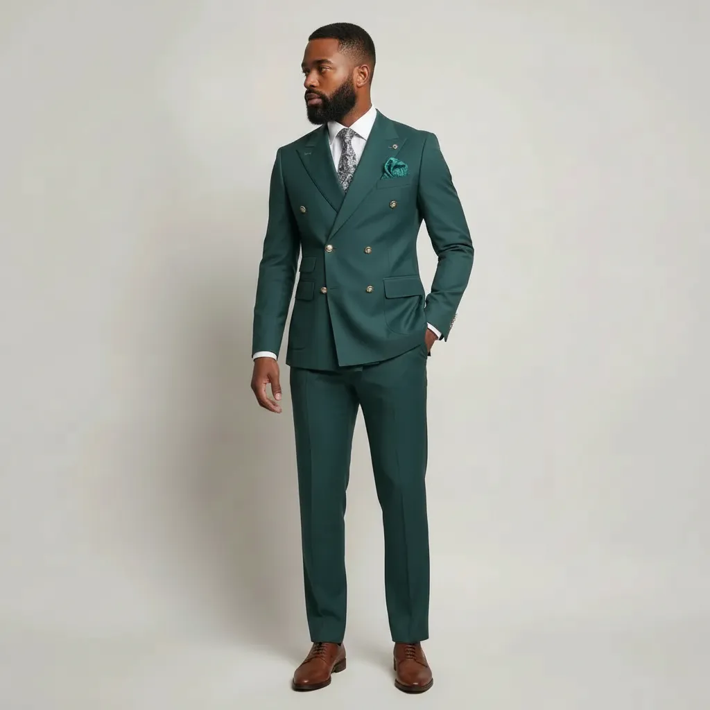 Dark Green Double‑Breasted Suit with Gold Buttons