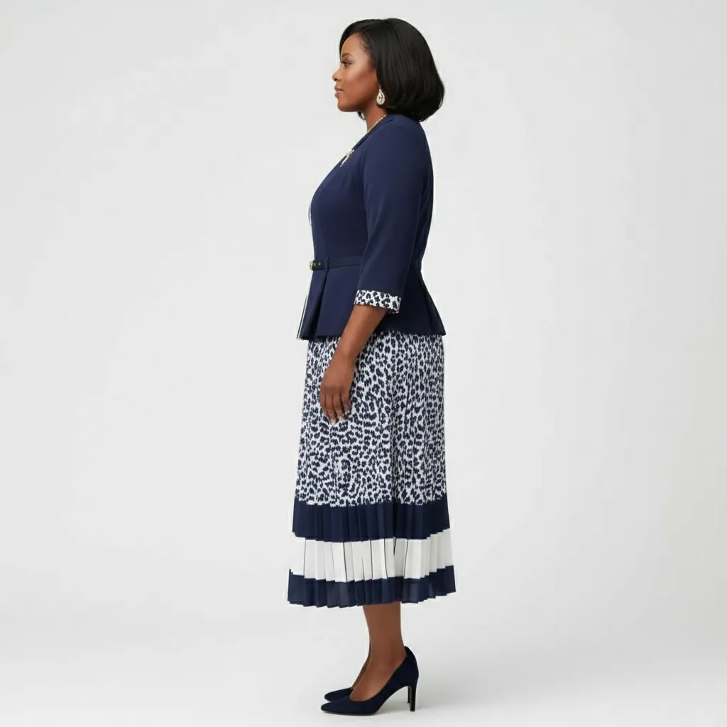 Navy & Leopard Print Pleated One‑Piece Dress
